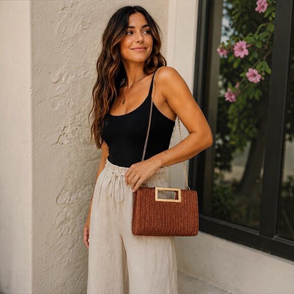 REVOLVE Accessories - NWT Revolve Woven Gold Chain Coastal Resort Brown Straw Raffia Chain Crossbody